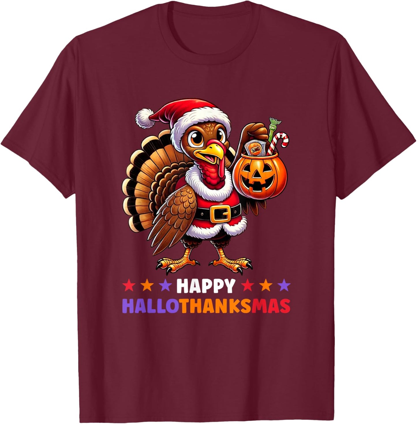 Happy HalloThanksMas Halloween Thanksgiving Xmas Funny T-Shirt - T-Shirt | Maroon