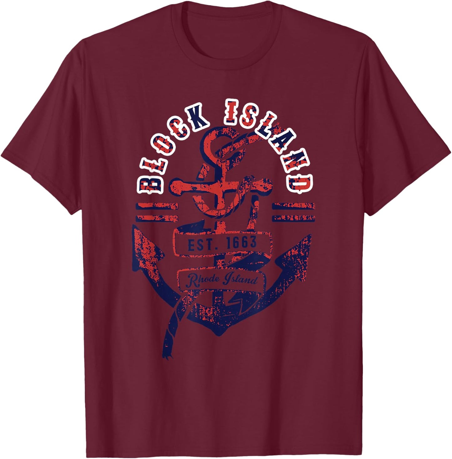 Vintage Distressed Anchor & Rope Block Island Rhode Island T-Shirt - T-Shirt | Maroon