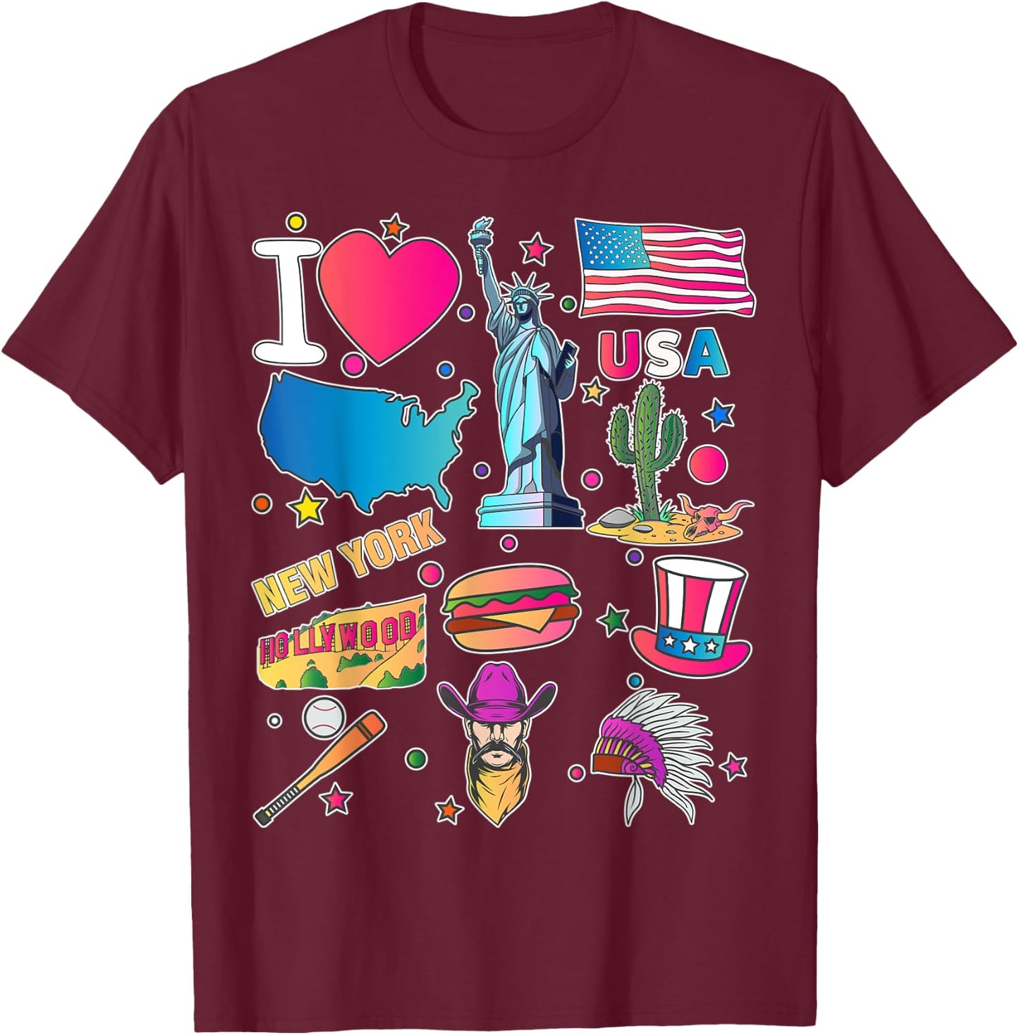hand drawn American travel symbols, USA map, Cultural icons T-Shirt - T-Shirt | Maroon