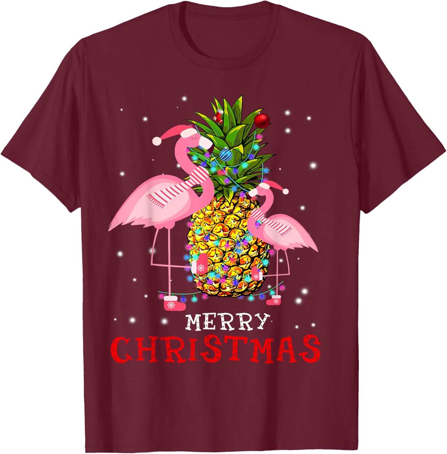 Flamingo Christmas Tree Pineapple Xmas Light Merry Christmas T-Shirt - T-Shirt | Maroon