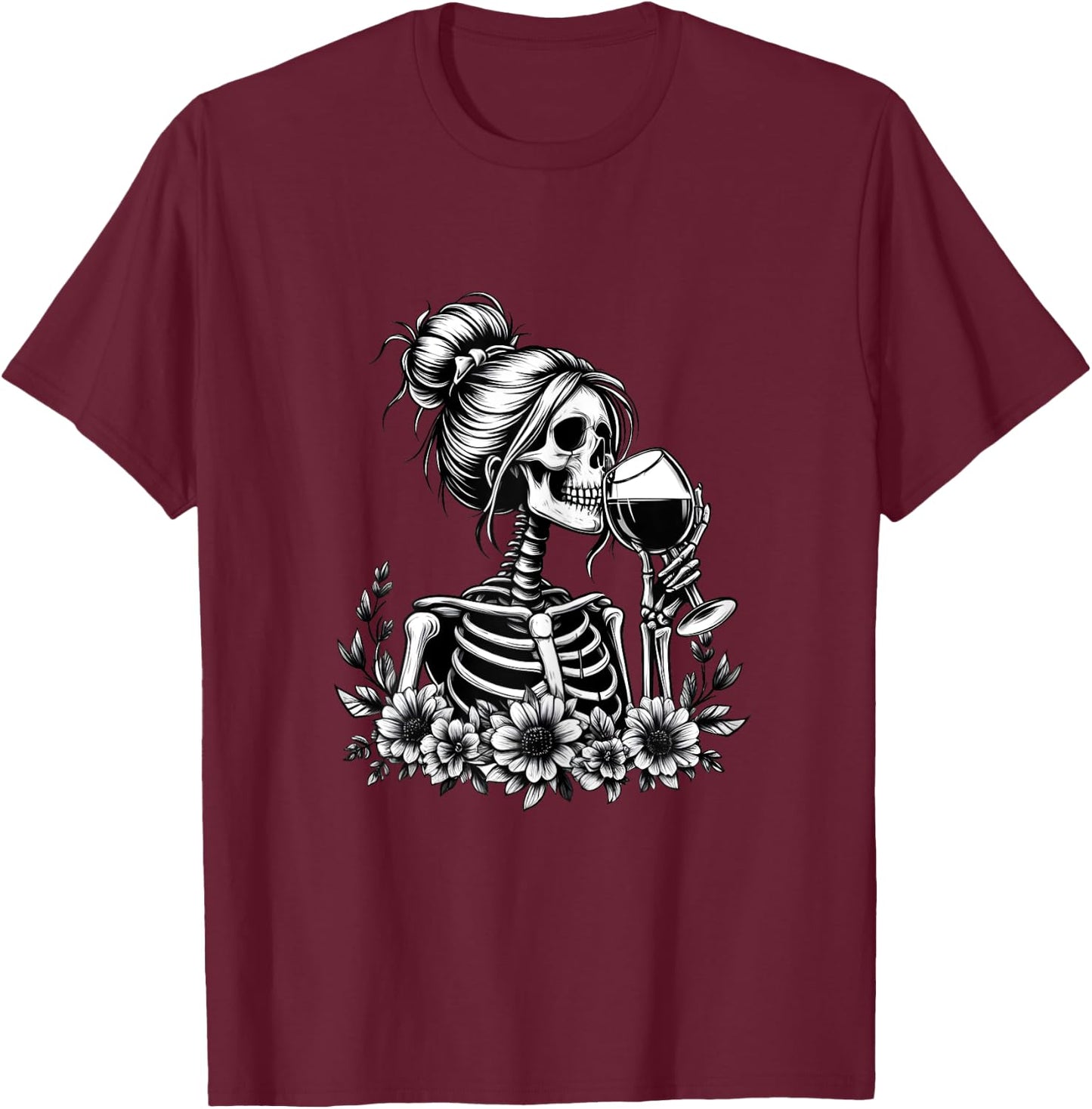 Female Skeleton Wine Drinking Messy Bun Vintage Halloween T-Shirt - T-Shirt | Maroon