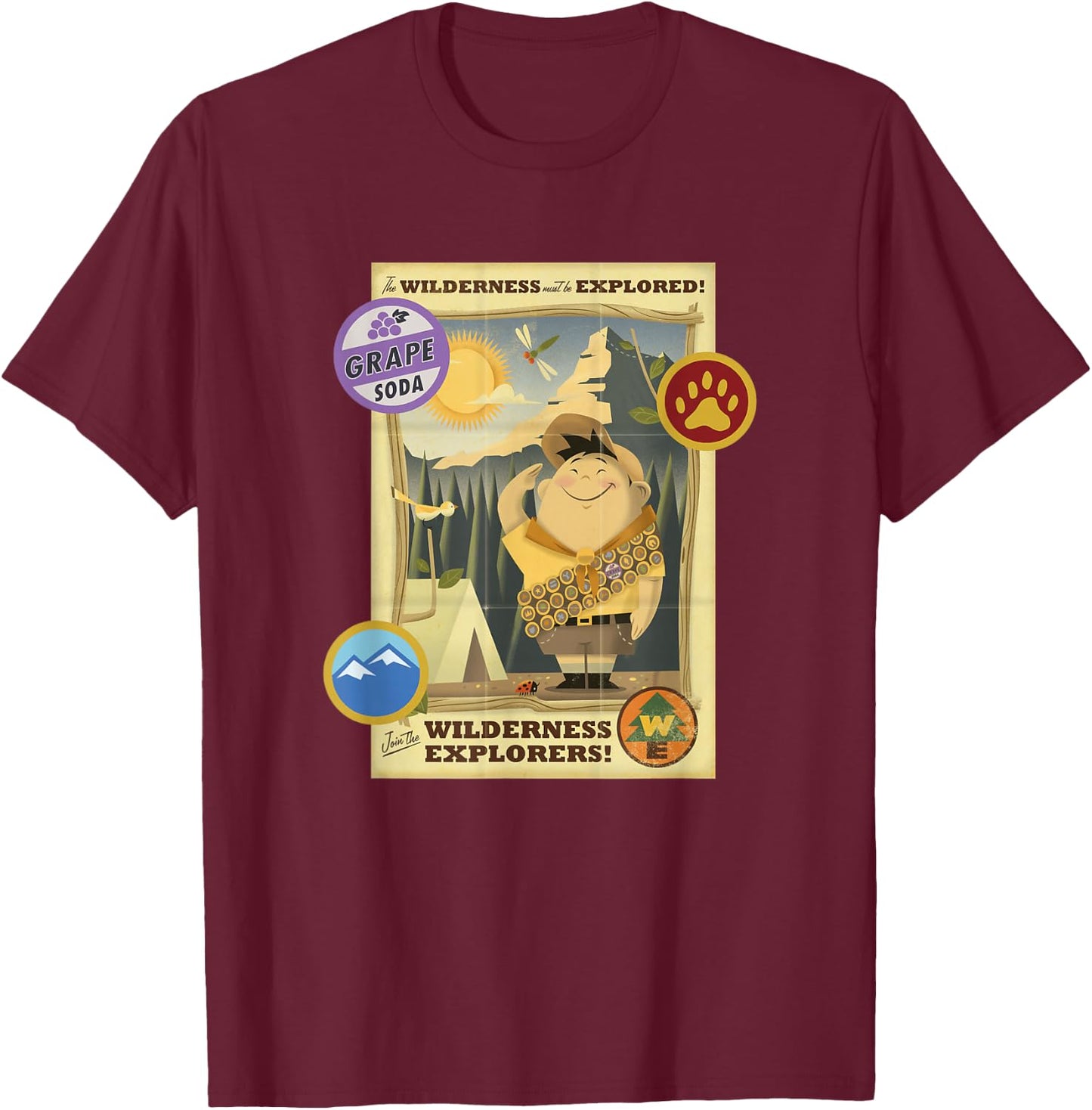 Disney Pixar Up Join The Wilderness Explorers Vintage Poster T-Shirt - T-Shirt | Maroon