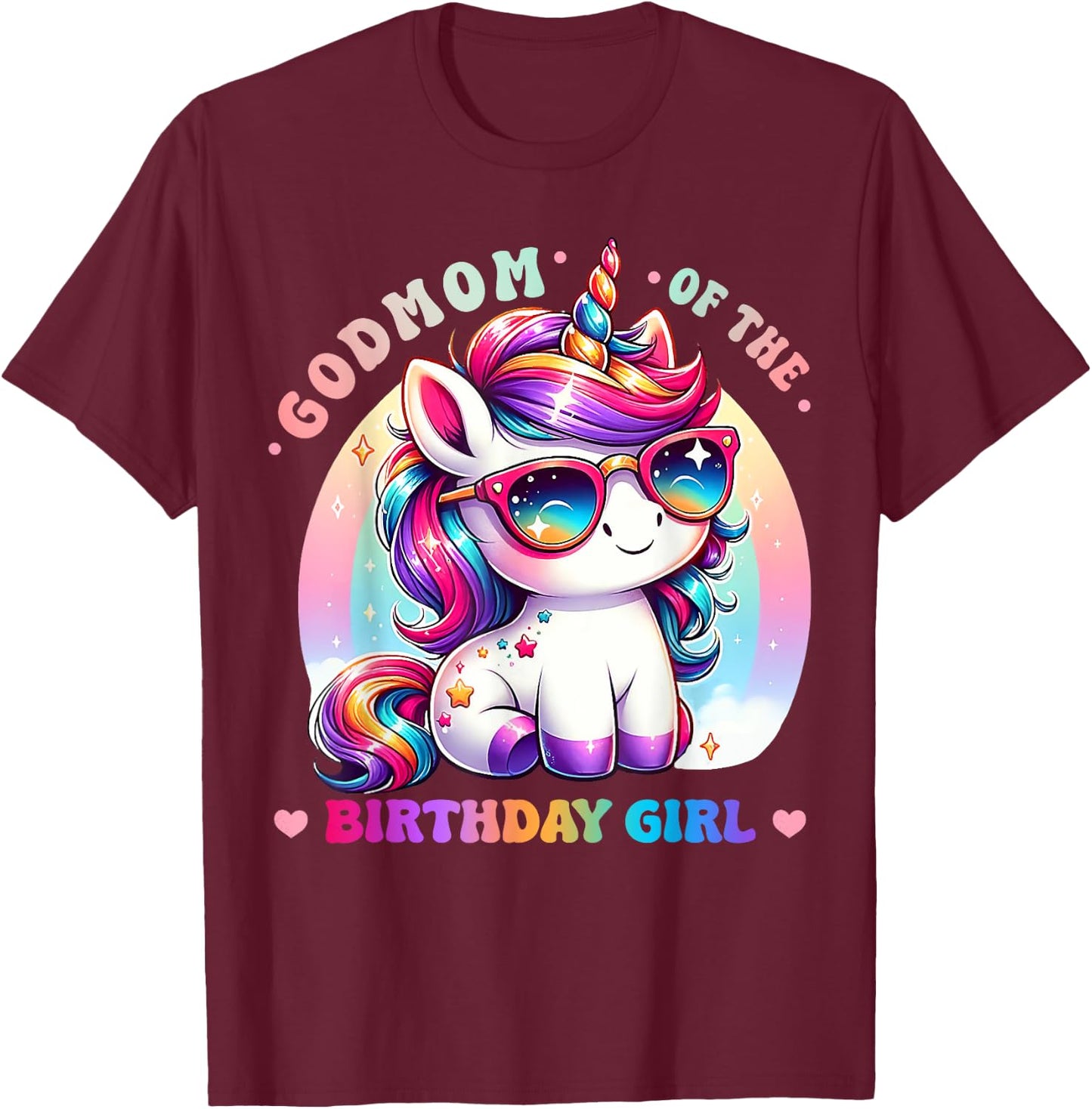 Godmom of the Birthday Girl Unicorn Rainbow Family Matching T-Shirt - T-Shirt | Maroon