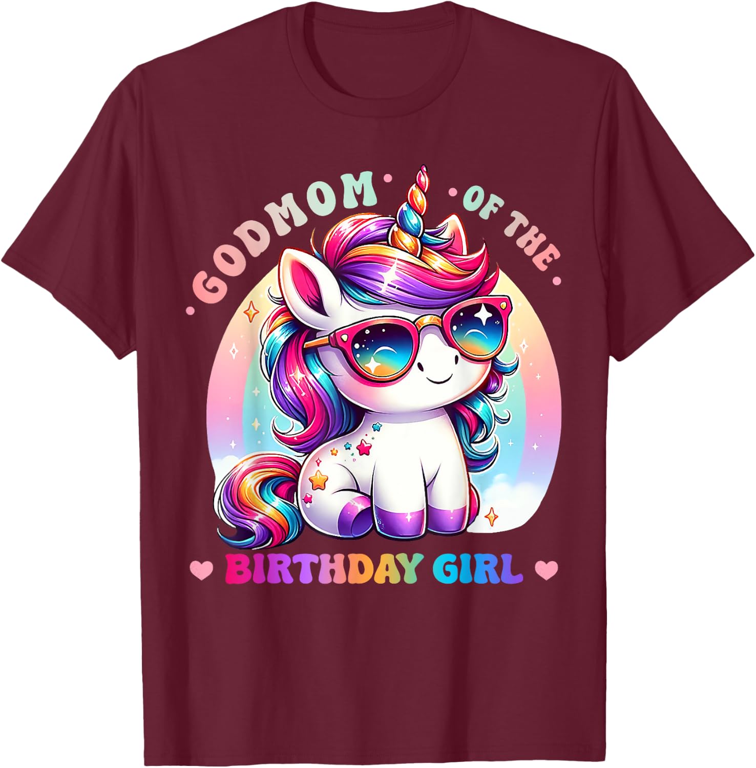 Godmom of the Birthday Girl Unicorn Rainbow Family Matching T-Shirt - T-Shirt | Maroon