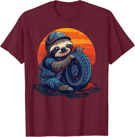 Funny Lazy Sloth Automotive mechanic T-Shirt - T-Shirt | Maroon