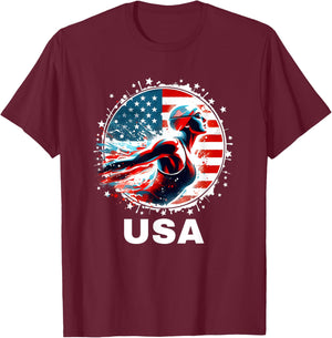 Swimming United States Women Team American Flag Swimming T-Shirt - T-Shirt | Maroon