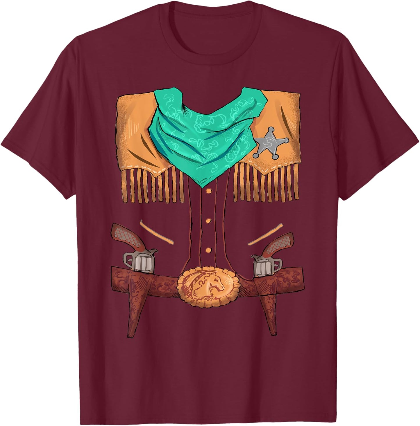 Funny Cowboy Western Halloween Costume Sheriff Vest Outfit T-Shirt - T-Shirt | Maroon