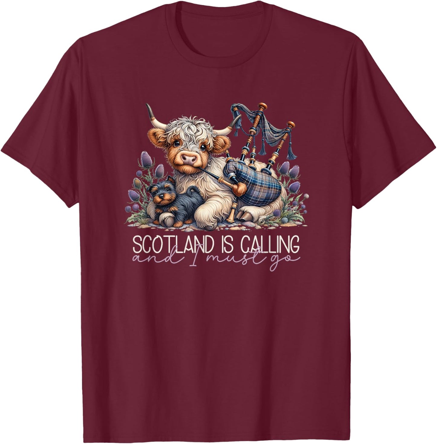 Scotland is Calling Scottish Highland Cow Bagpipes & Thistle T-Shirt - T-Shirt | Maroon