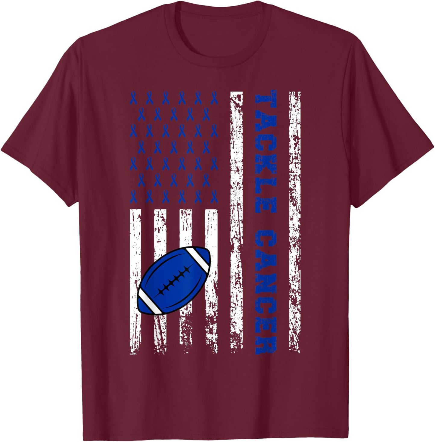 Tackle Football Dark Blue Ribbon Colon Cancer Awareness Kid T-Shirt - T-Shirt | Maroon