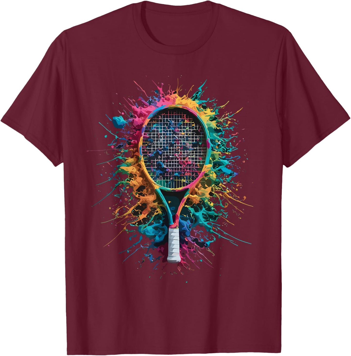 Colorful Paint Splash Tennis Racket Art Graphic T-Shirt - T-Shirt | Maroon