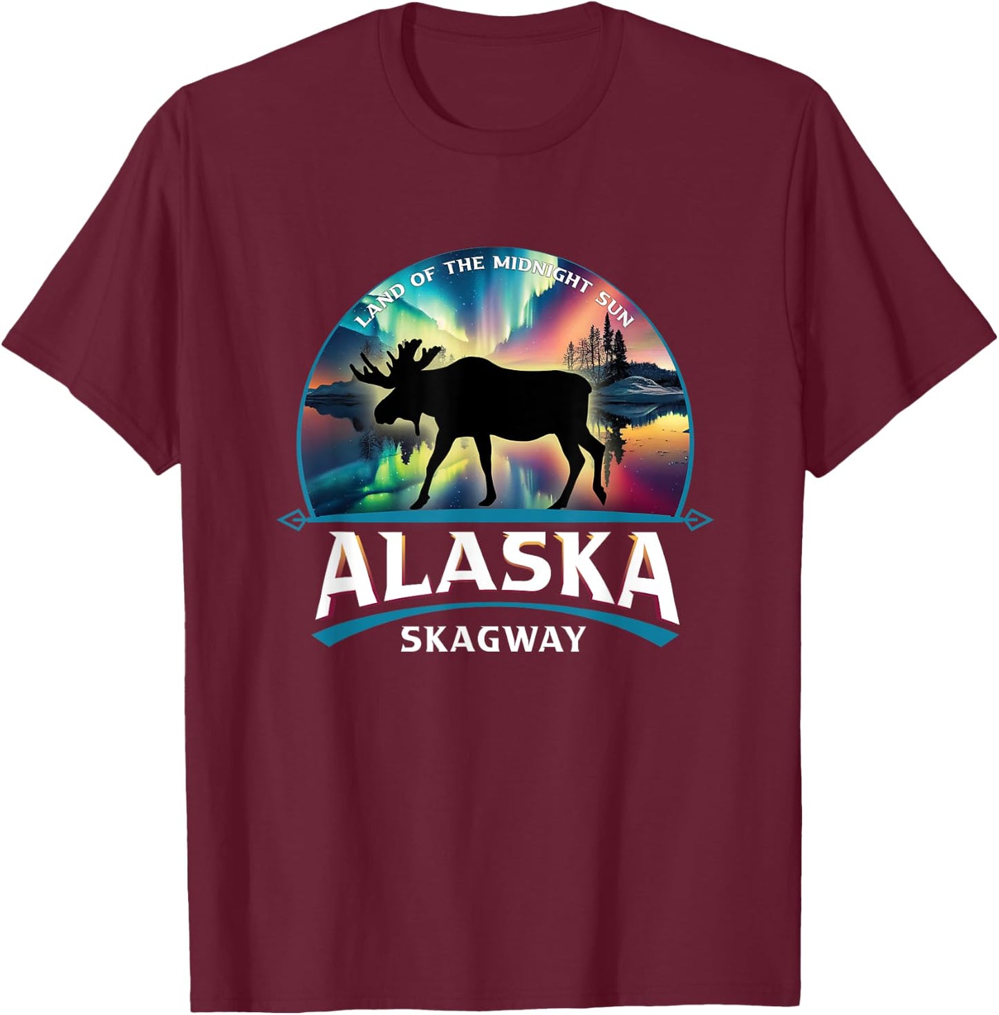 Skagway Alaska Aurora Borealis Moose Souvenir T-Shirt - T-Shirt | Maroon