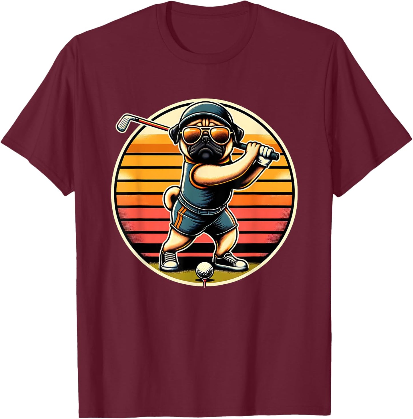 Pug Dog Golfer With Sunglasses Funny Golfing Art Men Women Kids T-Shirt - T-Shirt | Maroon