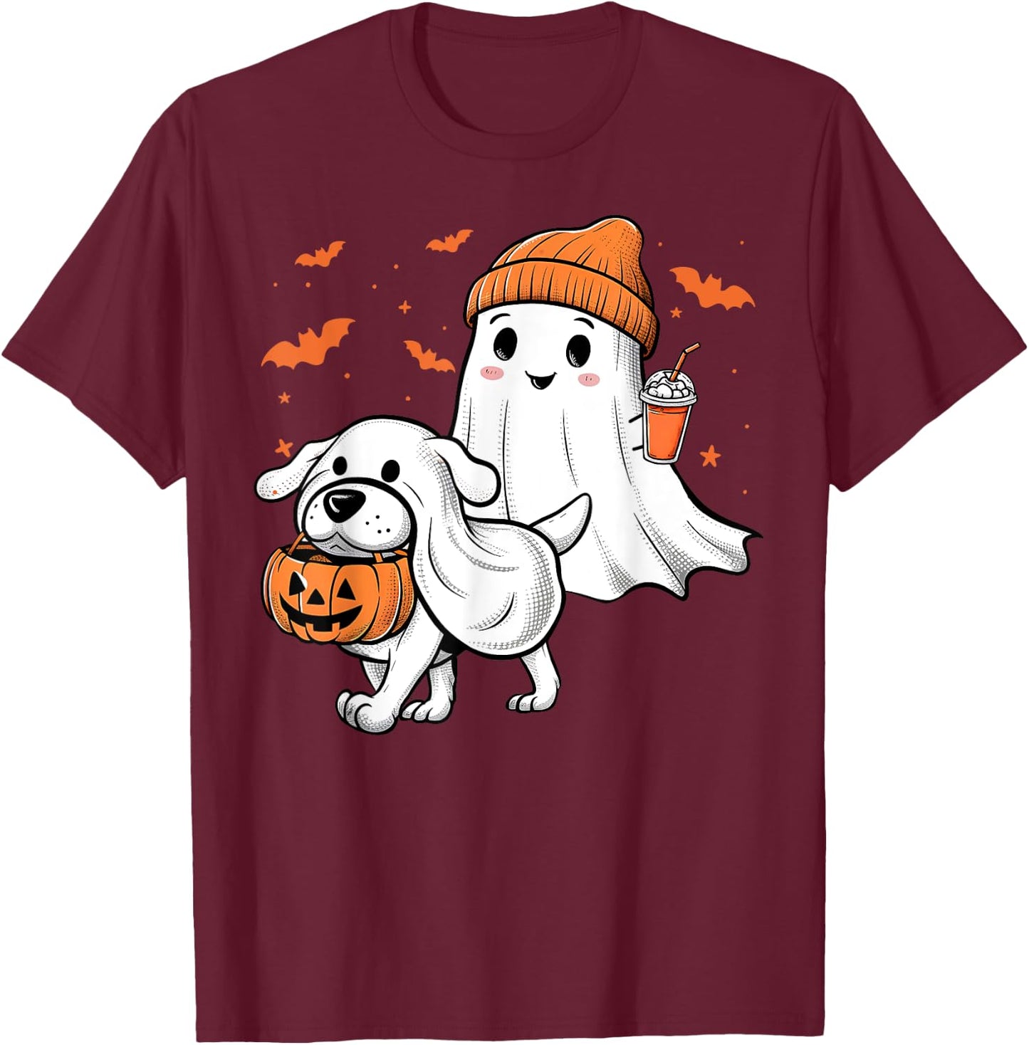 Cute Ghost Walking Dog Coquette Bow Halloween Dog Lover Girl T-Shirt - T-Shirt | Maroon