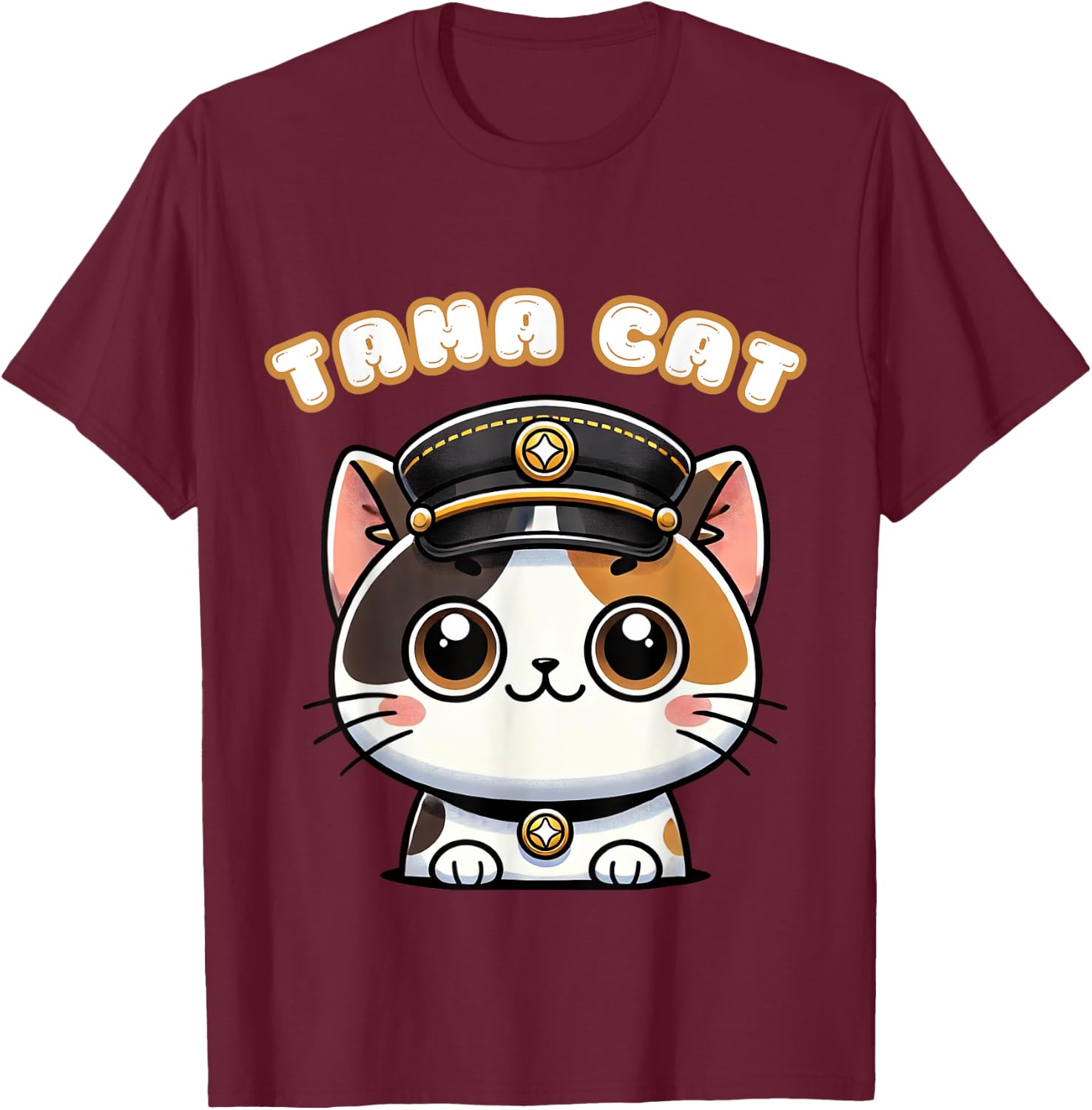 Tama Cat Railway Officer Kawaii Calico Cute Japanese Men Women Girls Kids T-Shirt - T-Shirt | Maroon