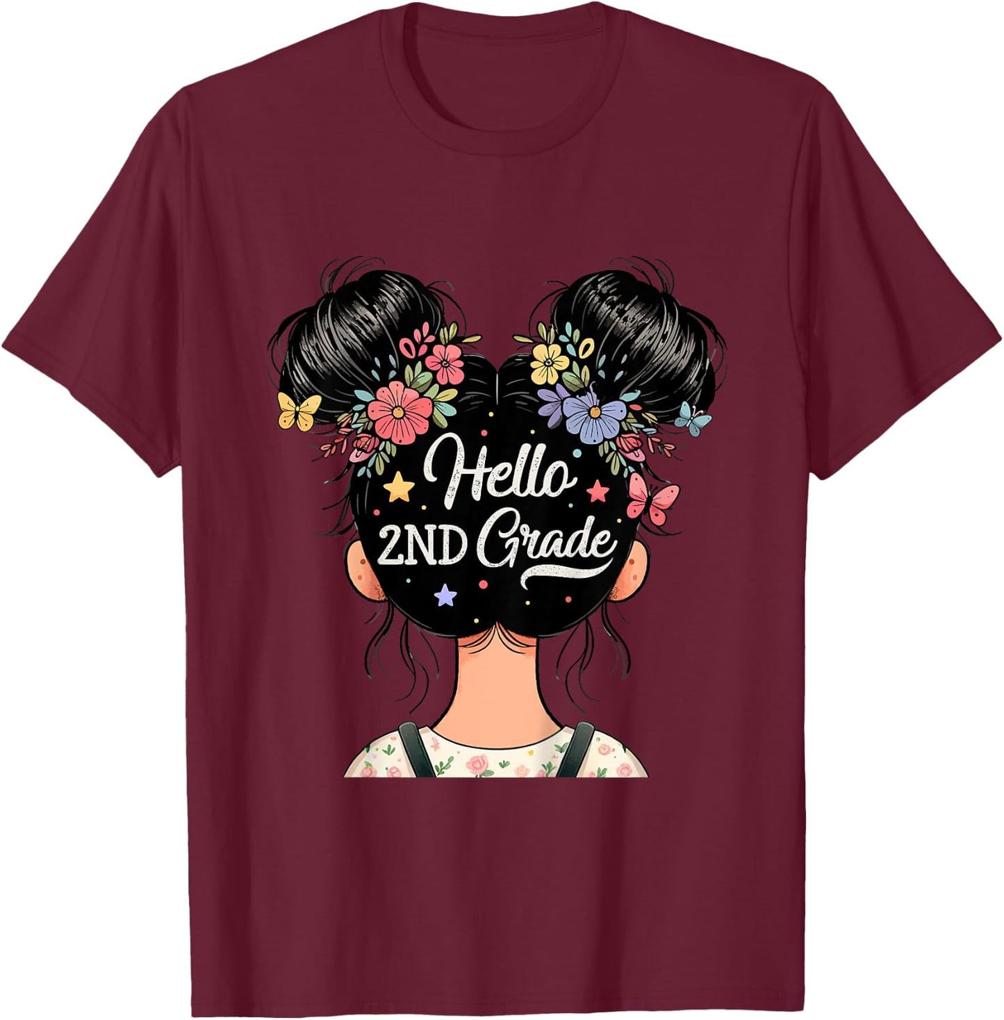 Kids Hello 2nd Grade Messy Hair Bun Girl Back To School Kids T-Shirt - T-Shirt | Maroon