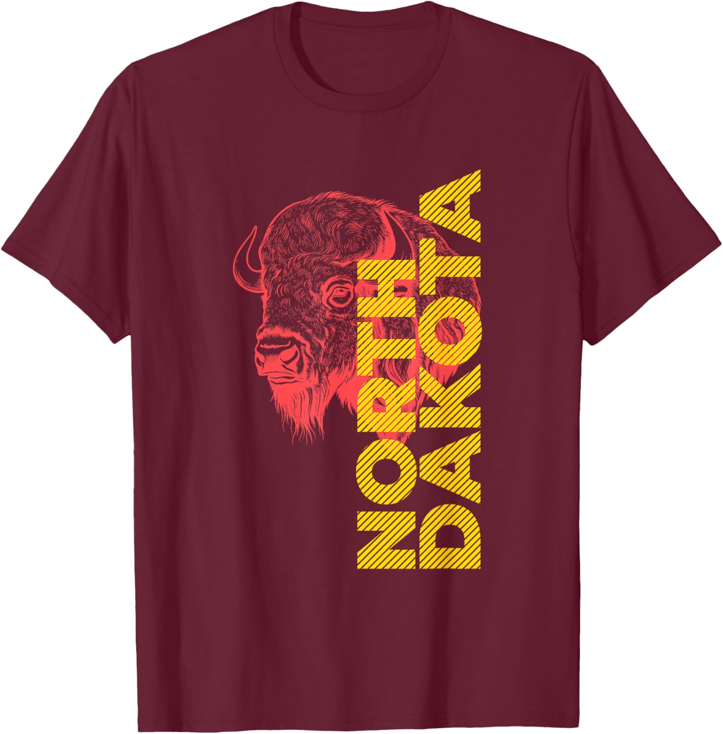 Vintage Bison Head Graphic With North Dakota Lettering T-Shirt - T-Shirt | Maroon