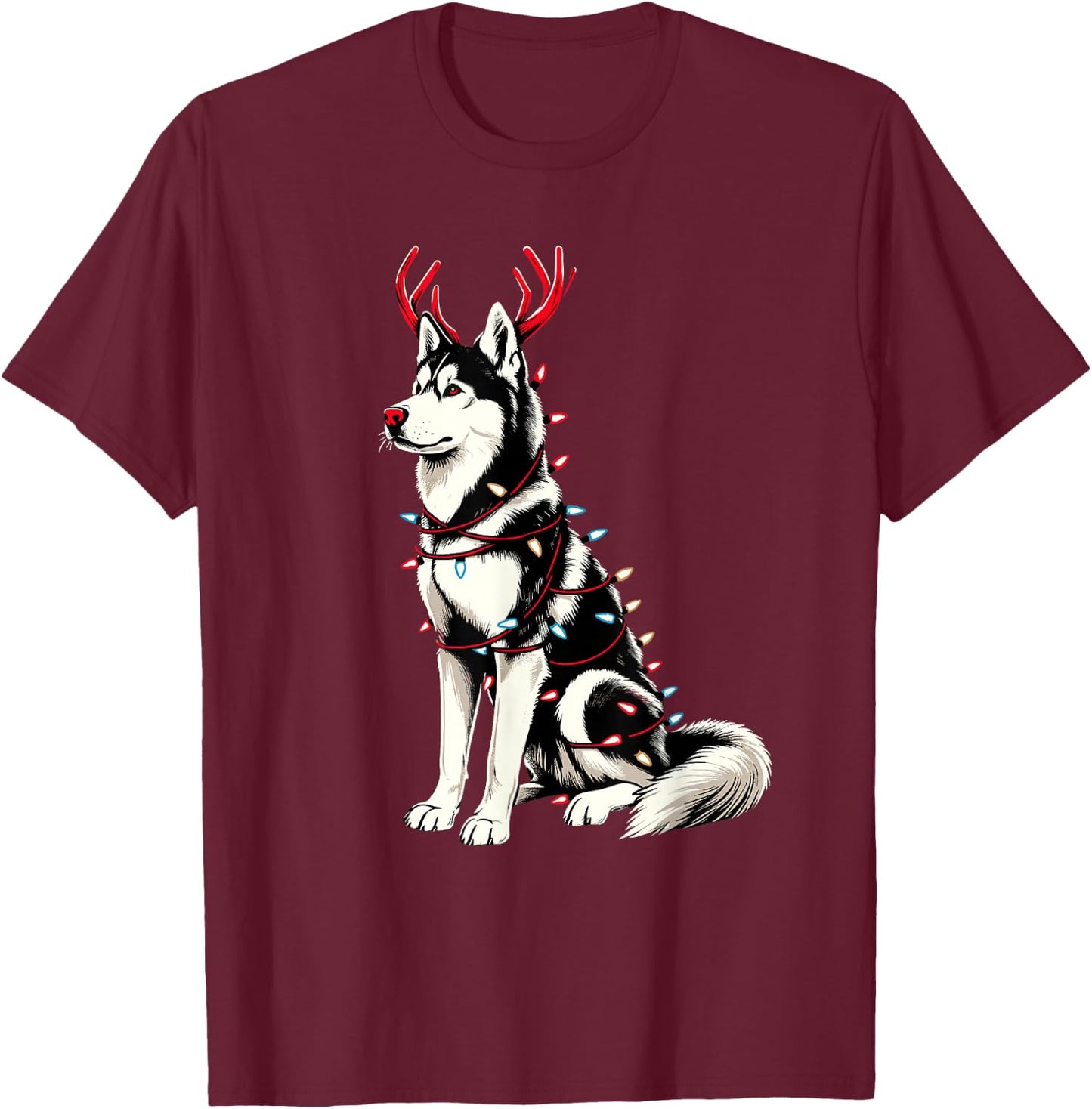 Siberian Husky Santa Christmas Lights Pajama, Merry Wolfmas T-Shirt - T-Shirt | Maroon