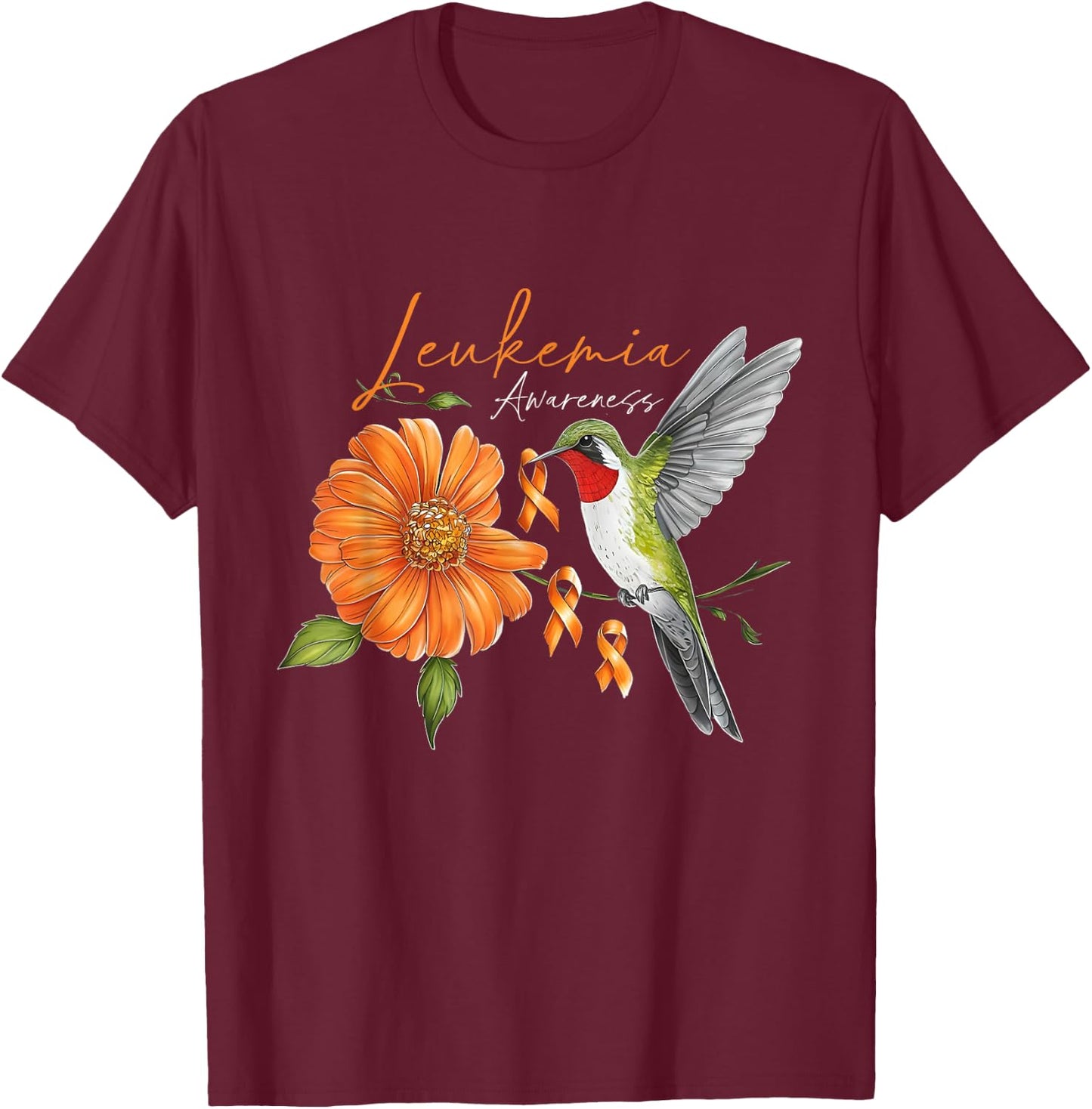 Hummingbird Orange Ribbon Sunflower Daisy Leukemia Awareness T-Shirt - T-Shirt | Maroon