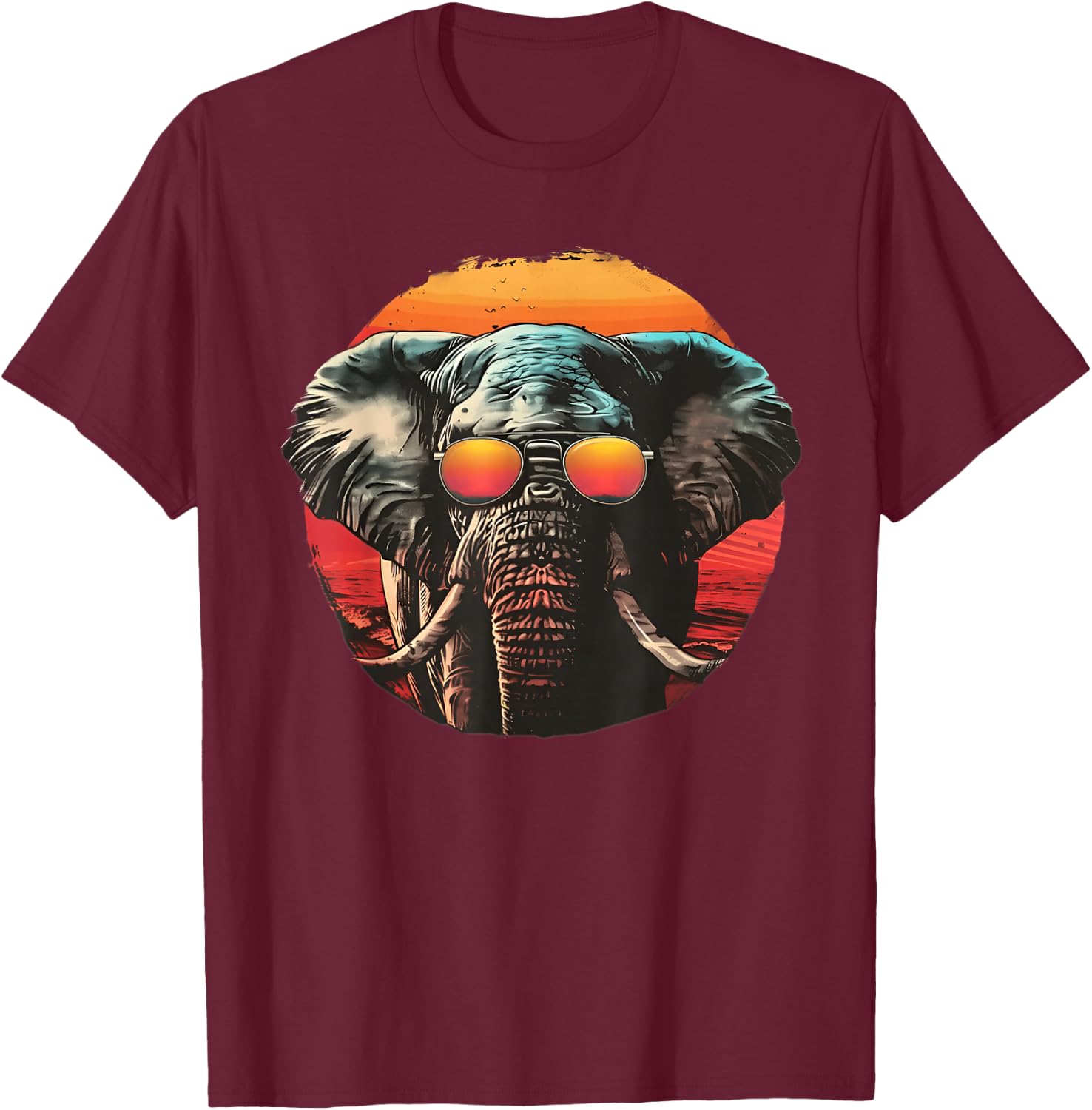 Elephant with Sunglasses Retro sunset summer T-Shirt - T-Shirt | Maroon
