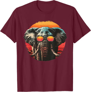 Elephant with Sunglasses Retro sunset summer T-Shirt - T-Shirt | Maroon