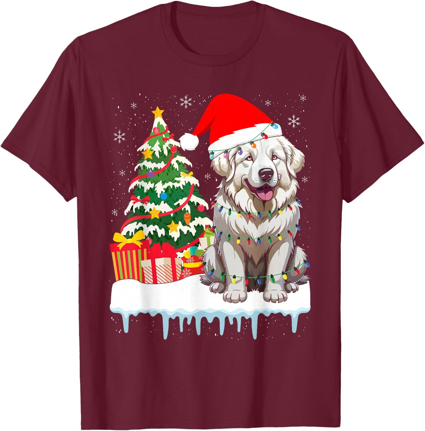 Great Pyrenees Christmas Lights Xmas Patou Pyrenean T-Shirt - T-Shirt | Maroon