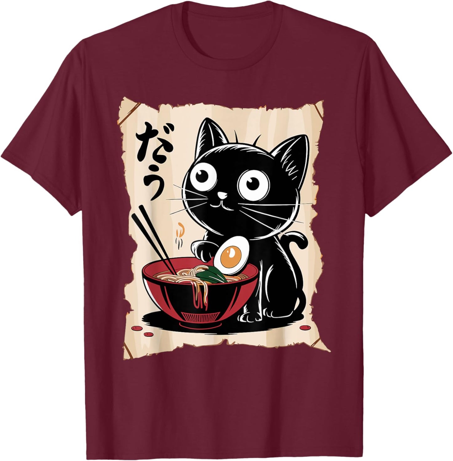 Funny Cat Ramen Noodle Japanese Kawaii Anime Otaku Style T-Shirt - T-Shirt | Maroon