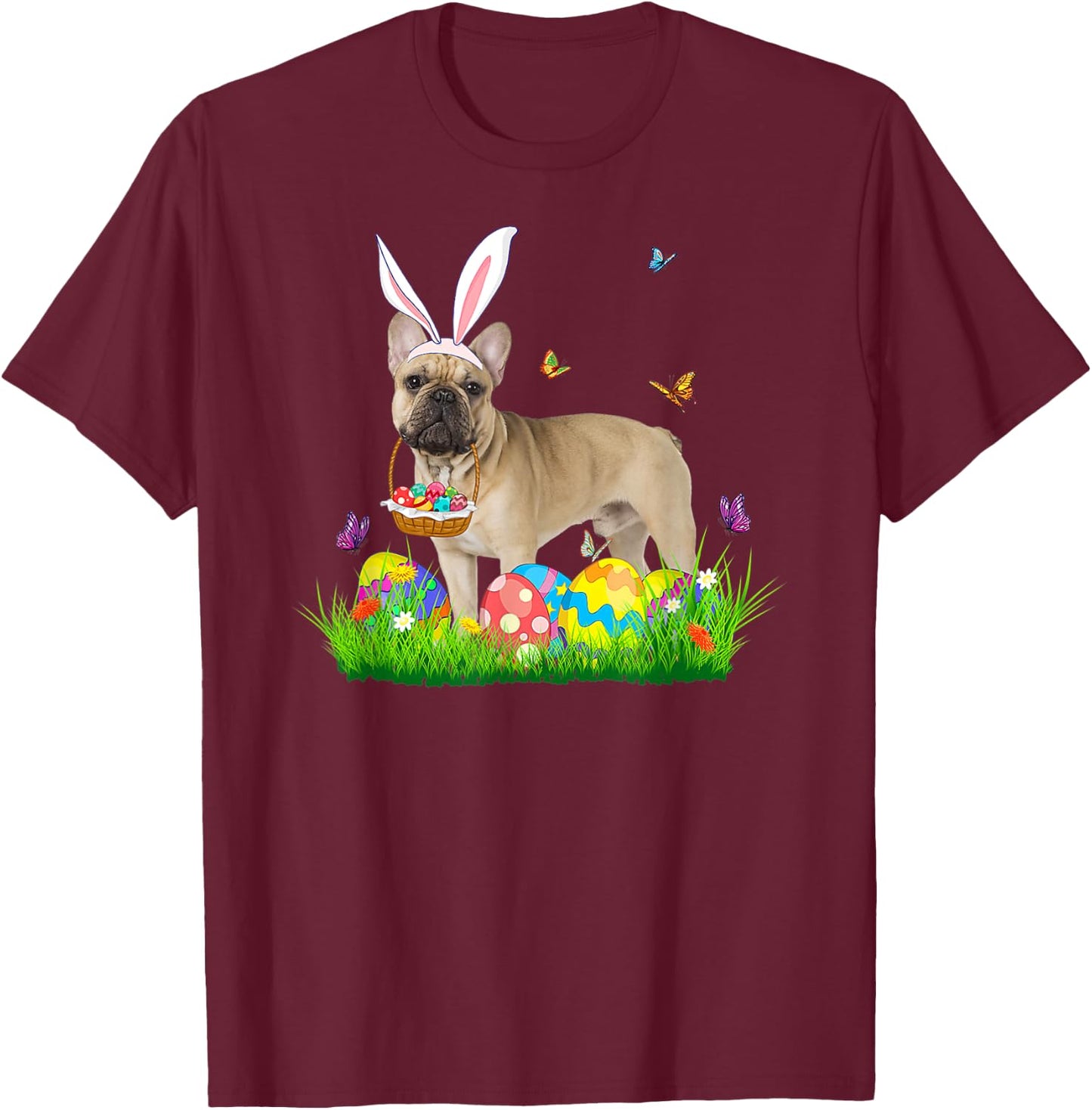 Bunny French Bulldog With Egg Basket Easter Hunting Egg Men Women T-Shirt - T-Shirt | Maroon