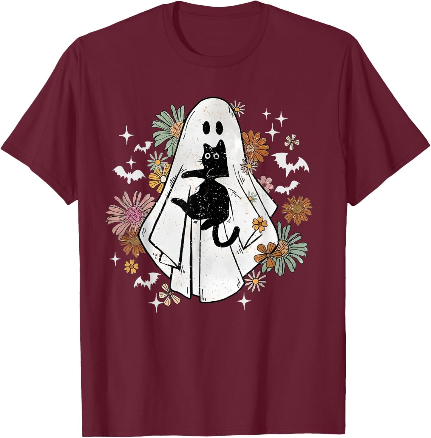 Spooky Ghost Holding Black Cat Groovy Floral Halloween Goth T-Shirt - T-Shirt | Maroon