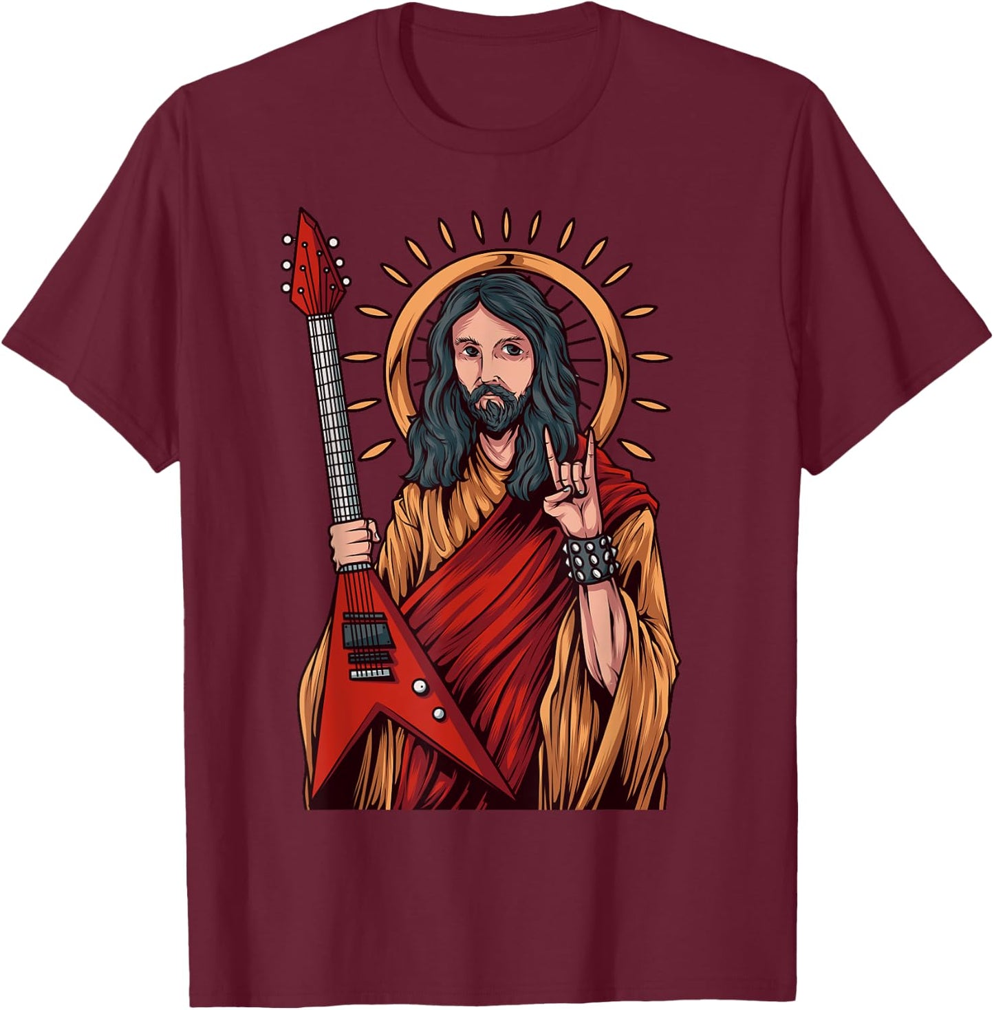 Jesus Playing Heavy Metal Guitar T-Shirt - T-Shirt | Maroon