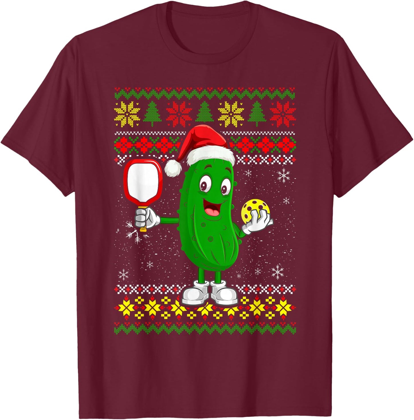 Pickleball Santa Claus Ugly Christmas Sweater Pattern T-Shirt - T-Shirt | Maroon