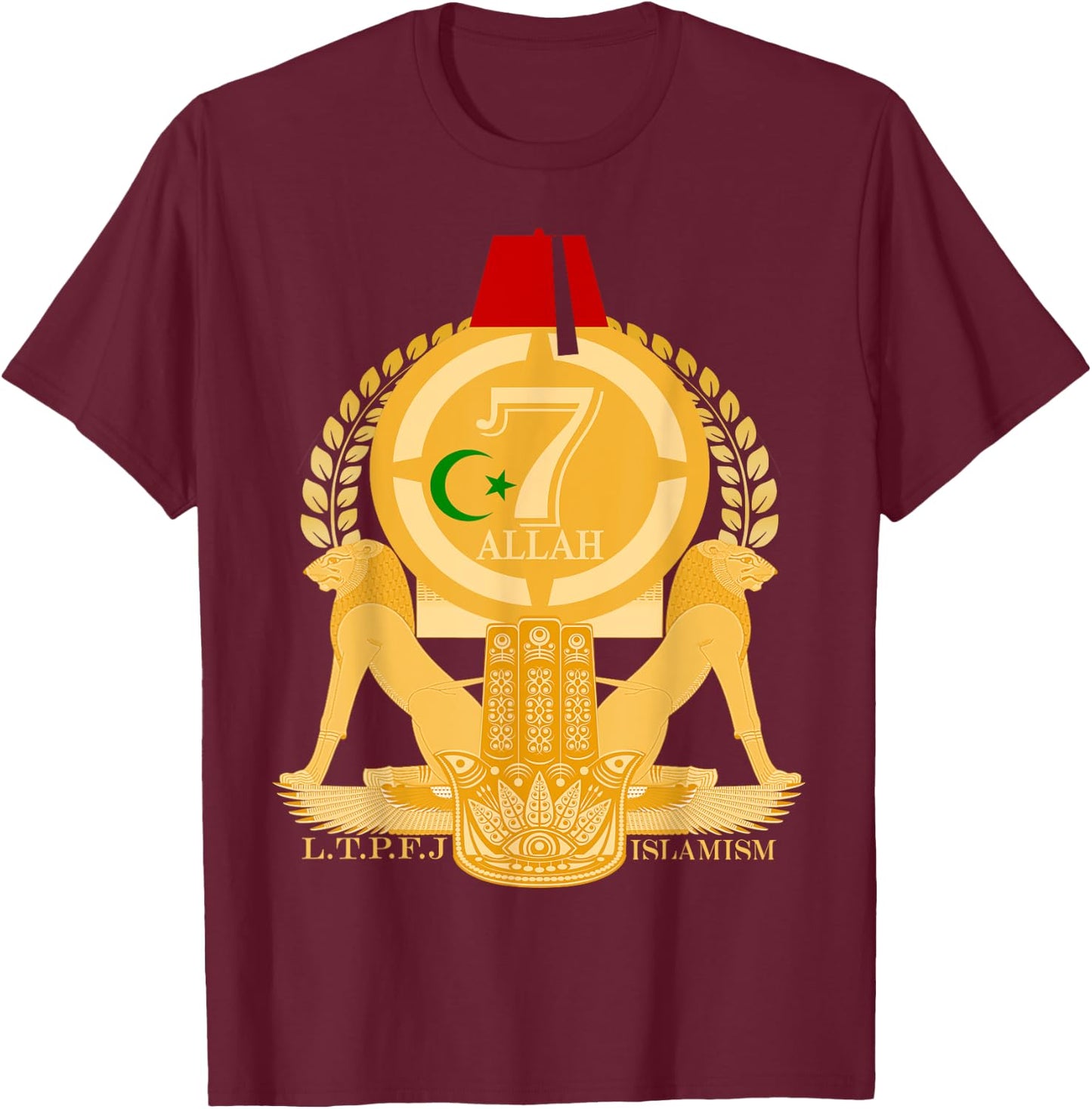 Moorish American Islamism With Hand Of Fatima Kemetic Lions T-Shirt - T-Shirt | Maroon