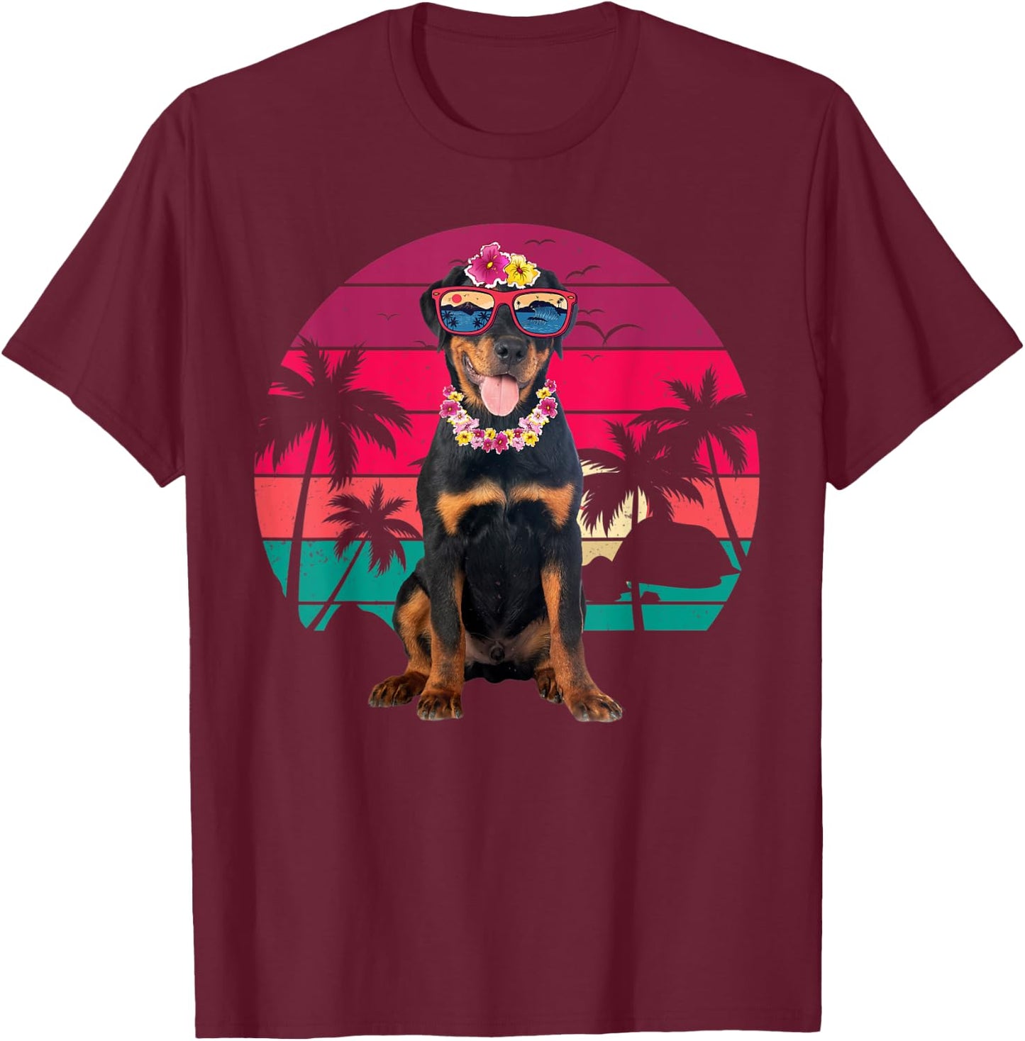 Retro Hawaiian Rottweiler Dog Tropical Floral Summer Vibes Men Women Kids T-Shirt - T-Shirt | Maroon