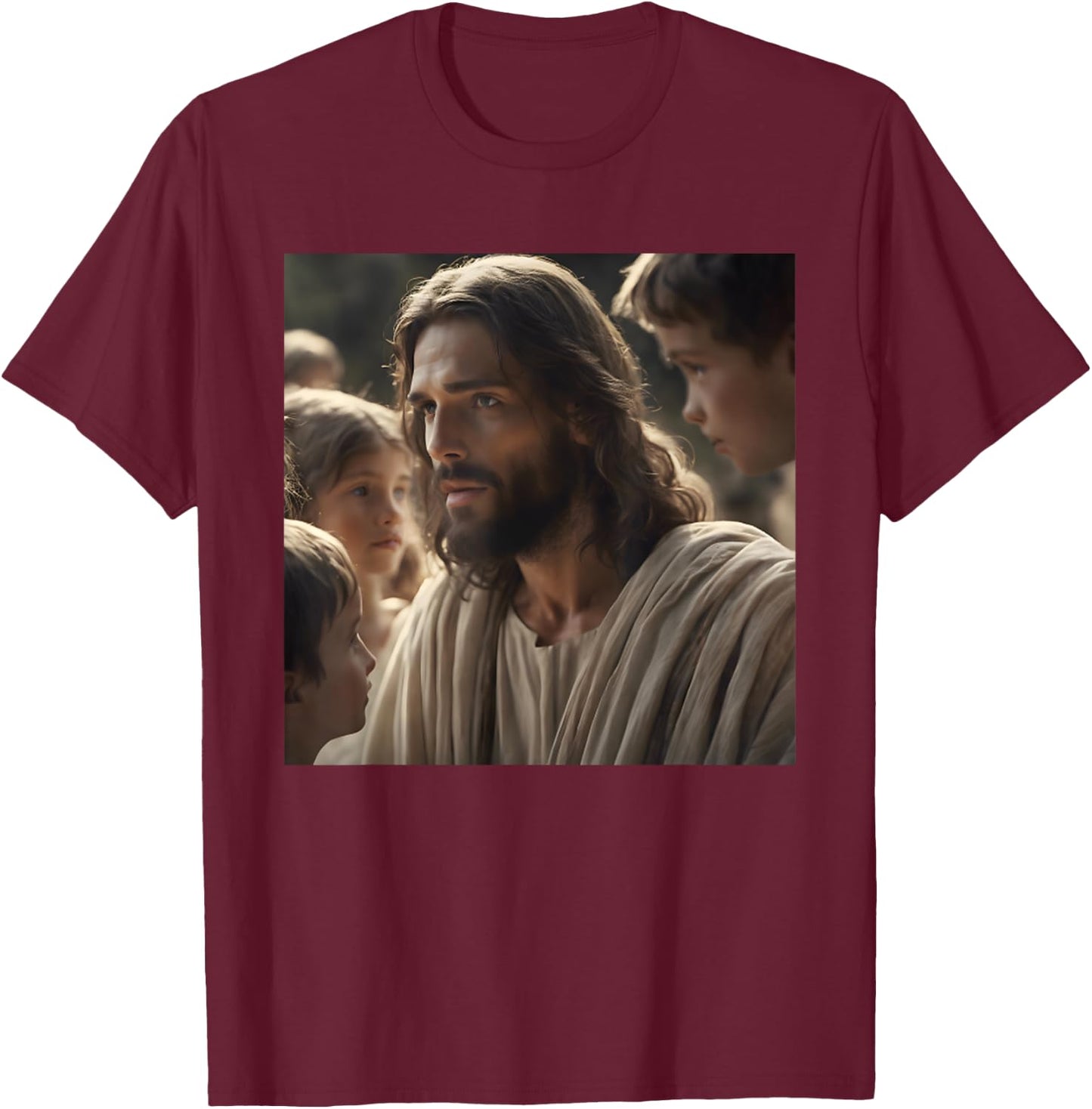 Vintage Jesus With Kids Face Of Jesus Portrait Christ T-Shirt - T-Shirt | Maroon