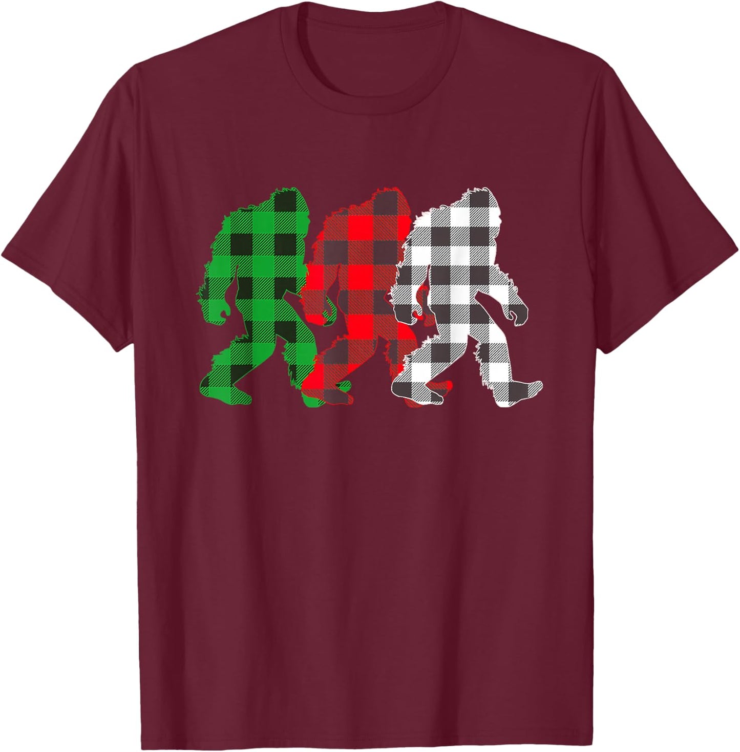 I Heart Cryptids Co. -Adults, -Kids Christmas Buffalo Plaid Believe Sasquatch T-Shirt - T-Shirt | Maroon