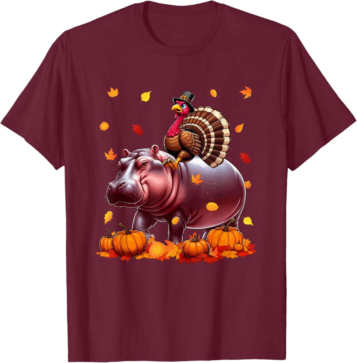 Turkey Riding Hippo Thanksgiving Fall Leaves Pumpkins T-Shirt - T-Shirt | Maroon