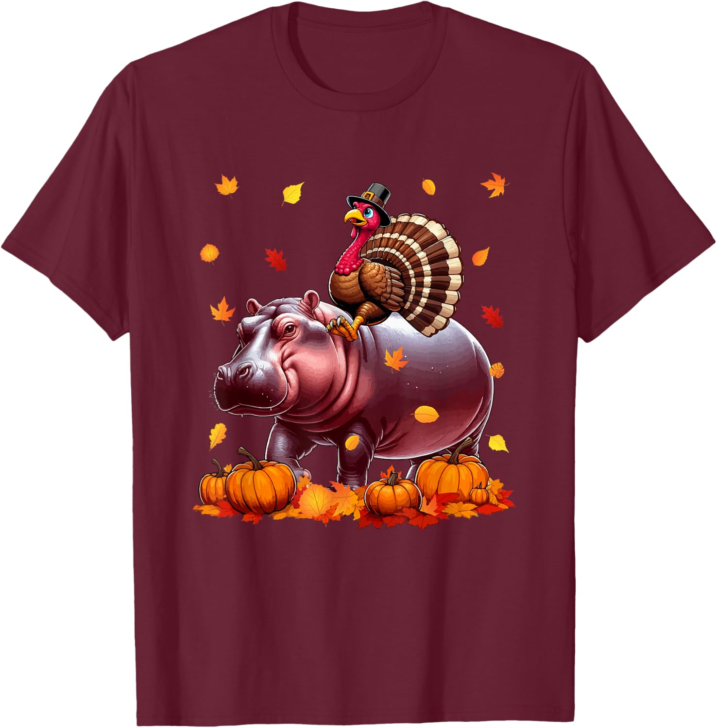 Turkey Riding Hippo Thanksgiving Fall Leaves Pumpkins T-Shirt - T-Shirt | Maroon