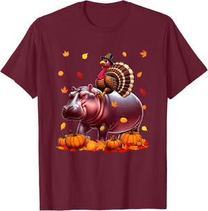 Turkey Riding Hippo Thanksgiving Fall Leaves Pumpkins T-Shirt - T-Shirt | Maroon