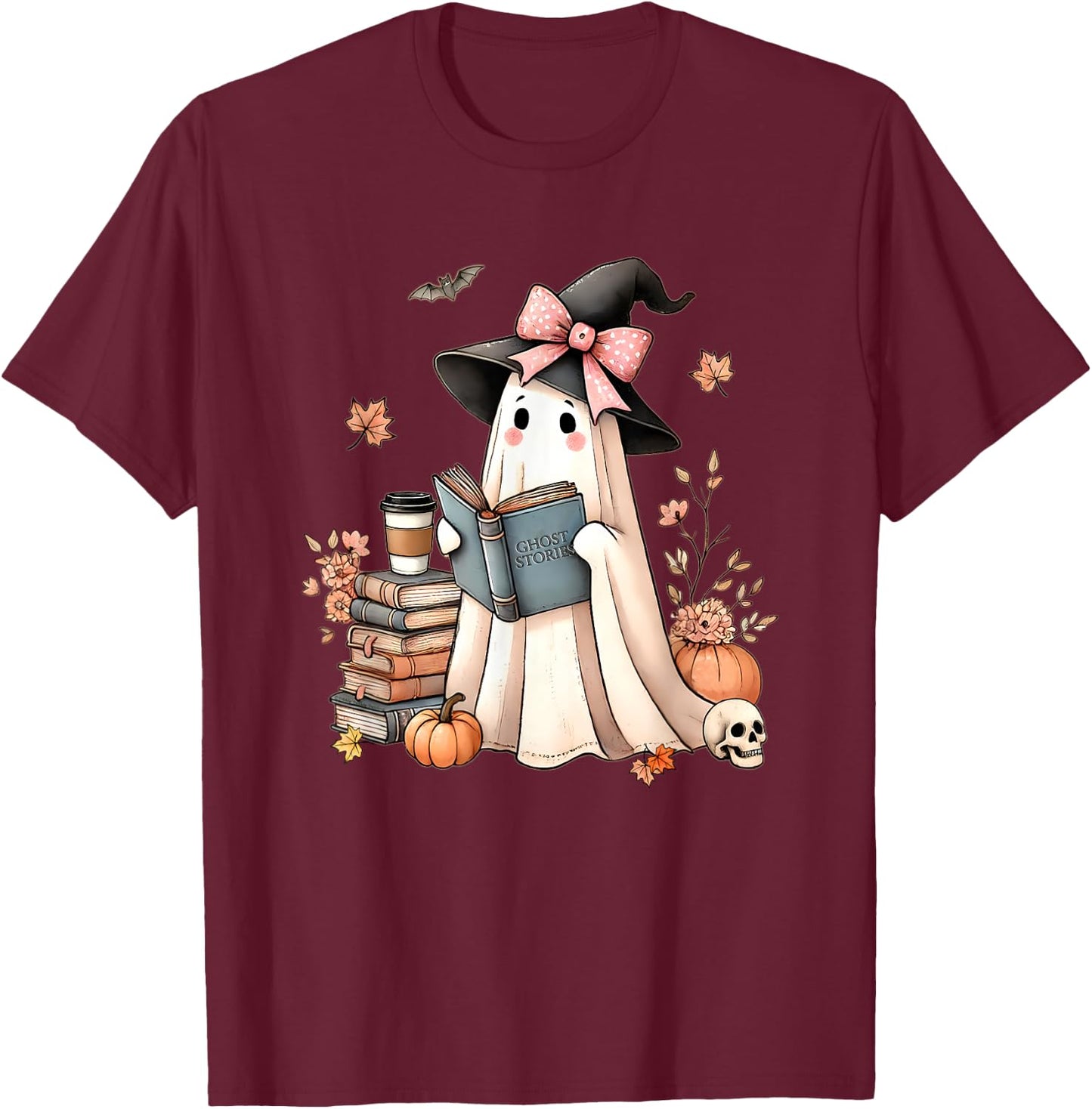 Cute Ghost Reading Book Librarian Book Lover T-Shirt - T-Shirt | Maroon
