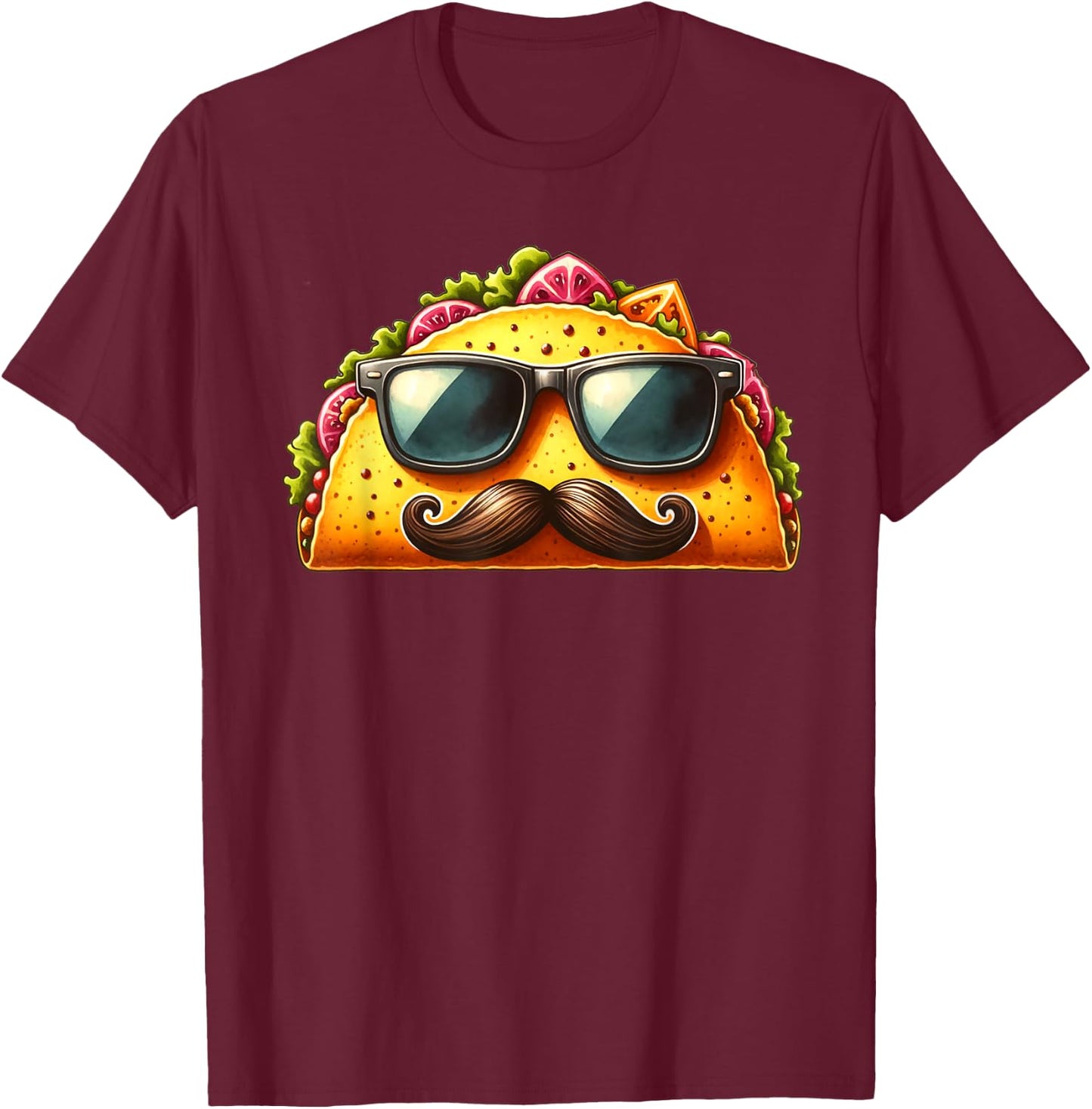 Funny Taco with Sunglasses and Mustache T-Shirt - T-Shirt | Maroon