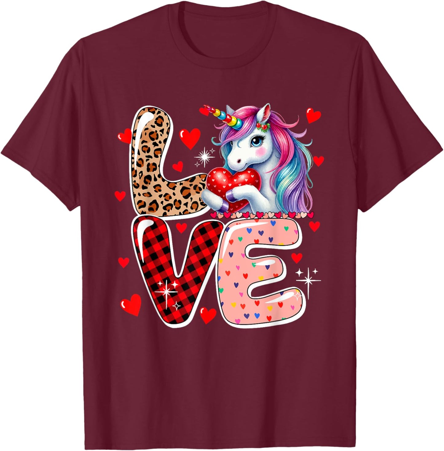 LOVE Unicorn Leopard Cute Hearts Valentine's Day Kid Toddler T-Shirt - T-Shirt | Maroon