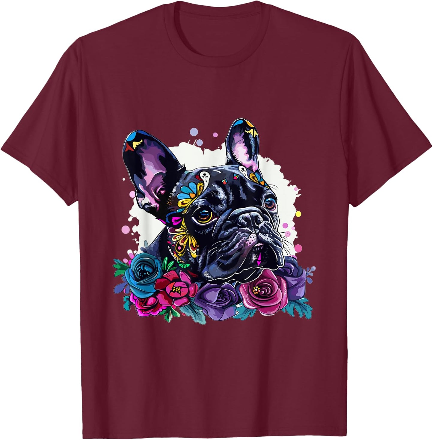 French Bulldog Sugar Skull Dia De Los Muertos Graphic T-Shirt - T-Shirt | Maroon