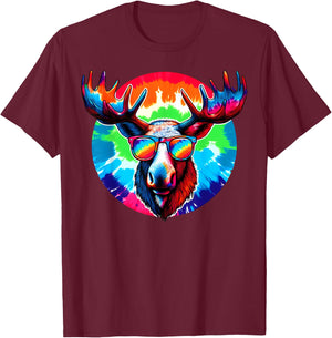 Cool Tie Dye Sunglasses Moose Illustration Art T-Shirt - T-Shirt | Maroon