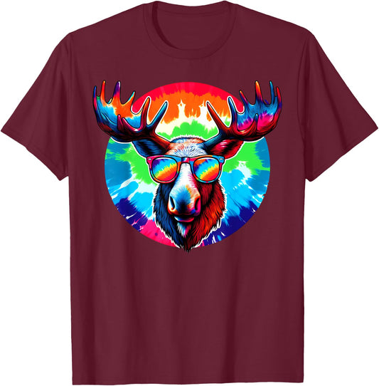 Cool Tie Dye Sunglasses Moose Illustration Art T-Shirt - T-Shirt | Maroon