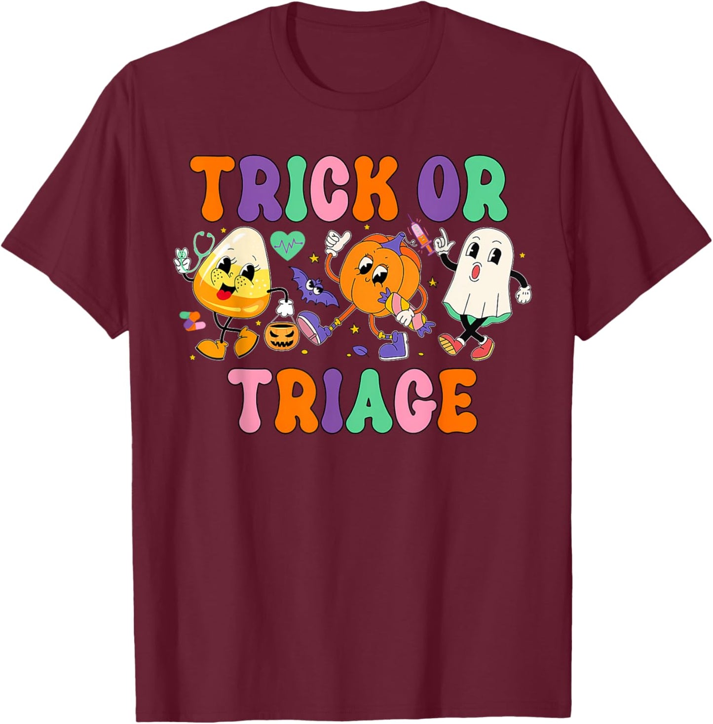 Trick or Triage Nurse Ghost Pumpkin Halloween Spooky Costume T-Shirt - T-Shirt | Maroon