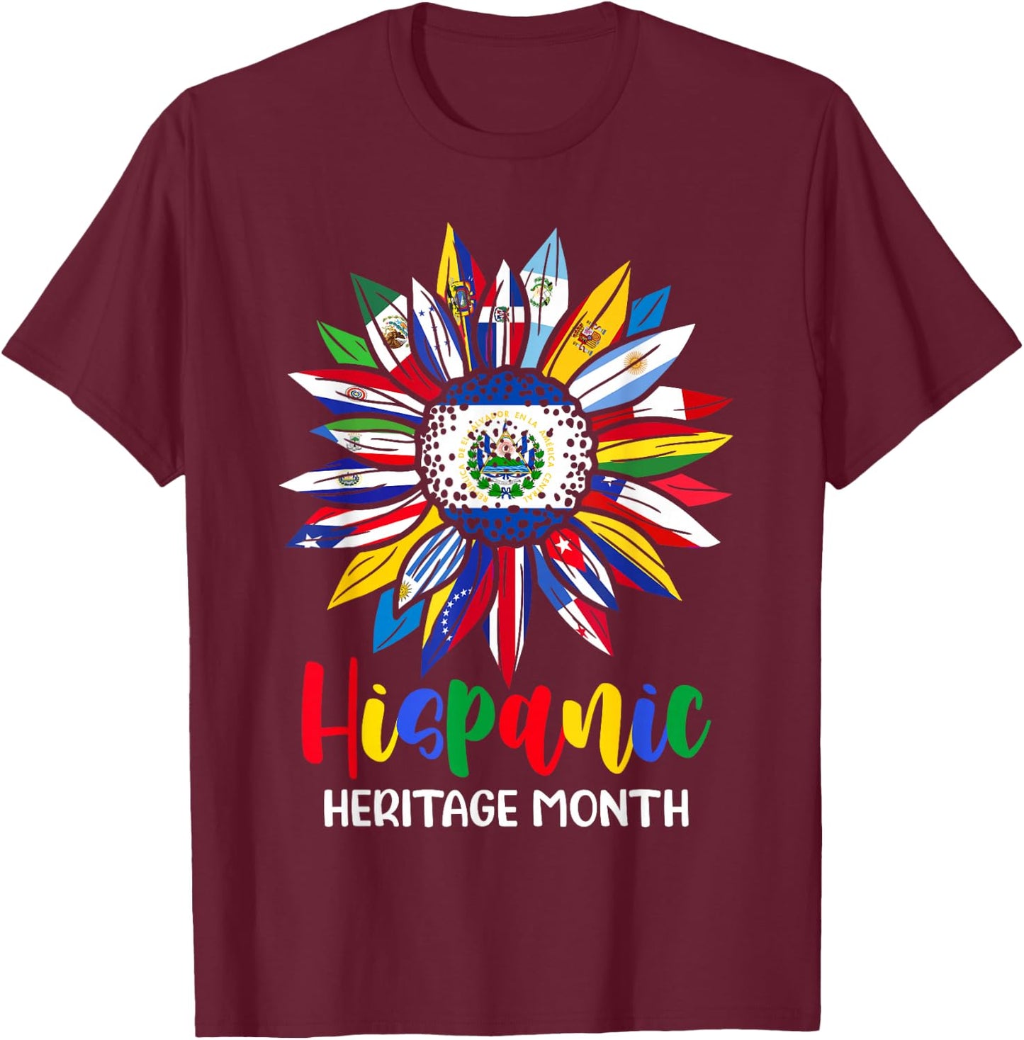 Hispanic Heritage Month El Salvador Flag Sunflower Latino T-Shirt - T-Shirt | Maroon