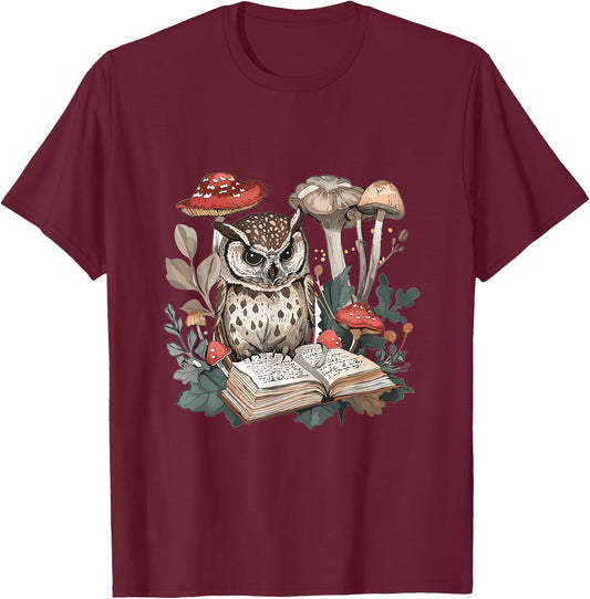 Owl with Books Reading Cottagecore Aesthetics T-Shirt - T-Shirt | Maroon