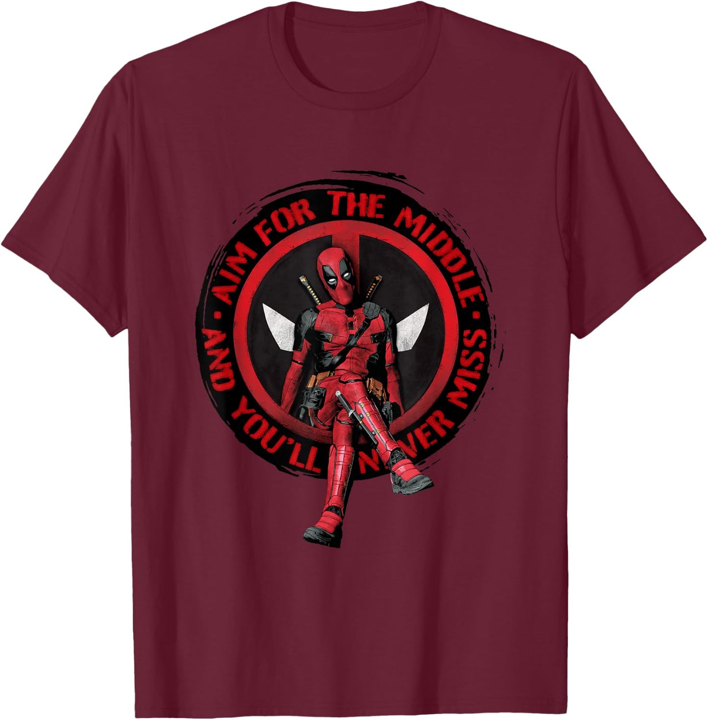 Marvel Deadpool & Wolverine Aim For The Middle Distressed T-Shirt - T-Shirt | Maroon