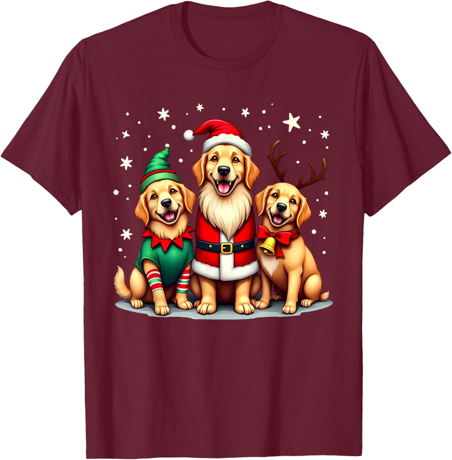 Golden Retriever Christmas Dogs Funny Santa Reindeer Elf T-Shirt - T-Shirt | Maroon