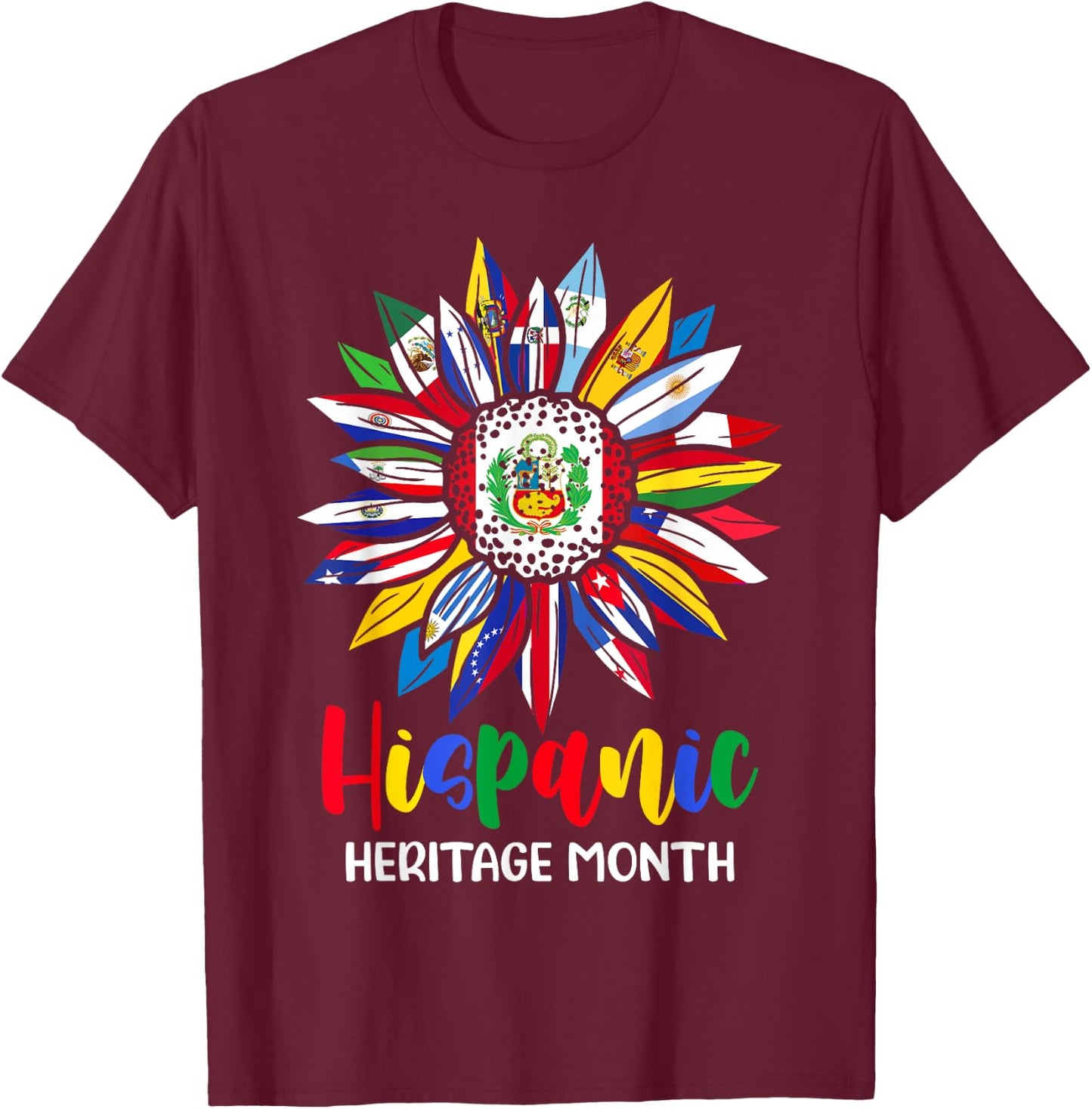 Hispanic Heritage Month Peru Flag Sunflower Latino Flags T-Shirt - T-Shirt | Maroon