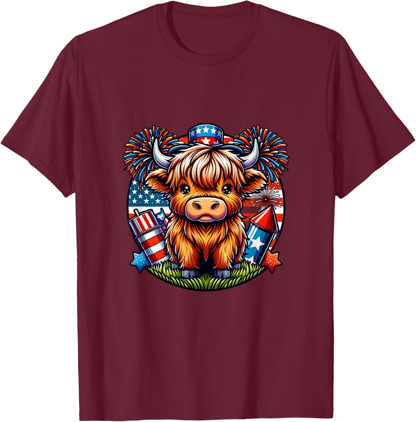 4th of July Highland Cow Patriotic Cute Cow Farmer T-Shirt - T-Shirt | Maroon